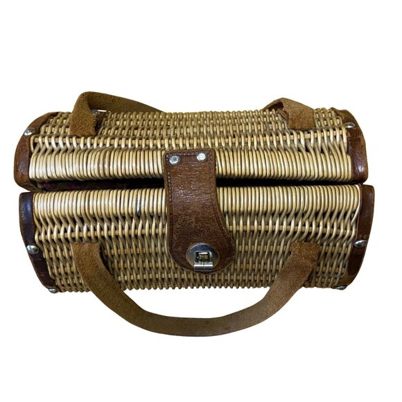 VINTAGE 1950's LINED WICKER RATTAN PURSE "Handmade in British Hong Kong" Label - Picture 4 of 7